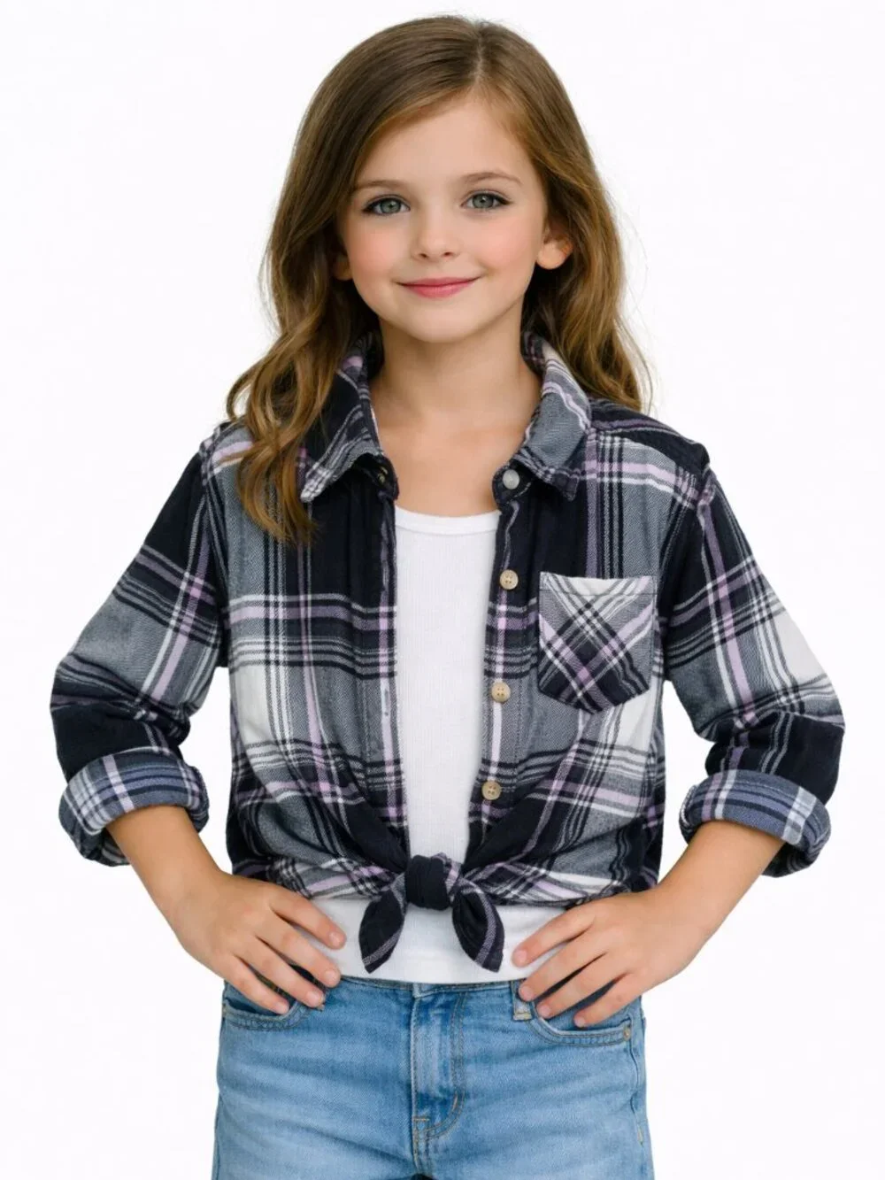 Justice Girls Black White Plaid Button Down Flannel Shirt Size S 7/8 Grunge